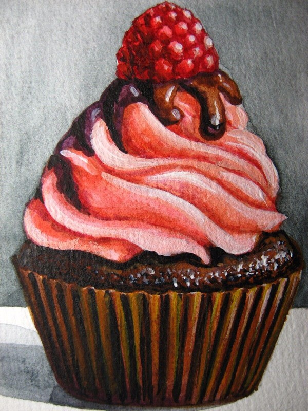 Watercolor Painting Sweet Chocolate Cupcake Cake Raspberry Cream ACEO Art «