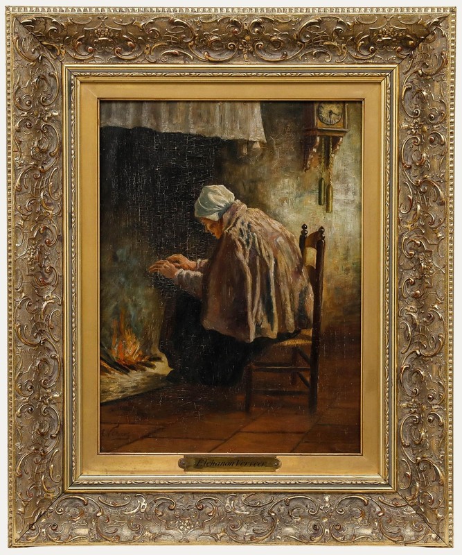 Elchanon Leonardus Verveer (1826-1900) – Dutch School Oil, By the Fire