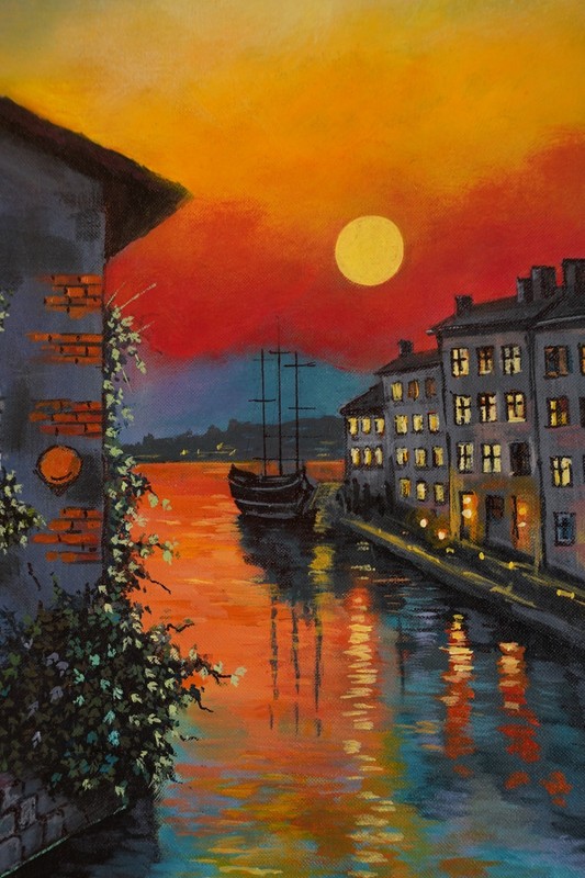 Signed Original Canal Cityscape Acrylic Painting – Sunset River on Canvas gallery