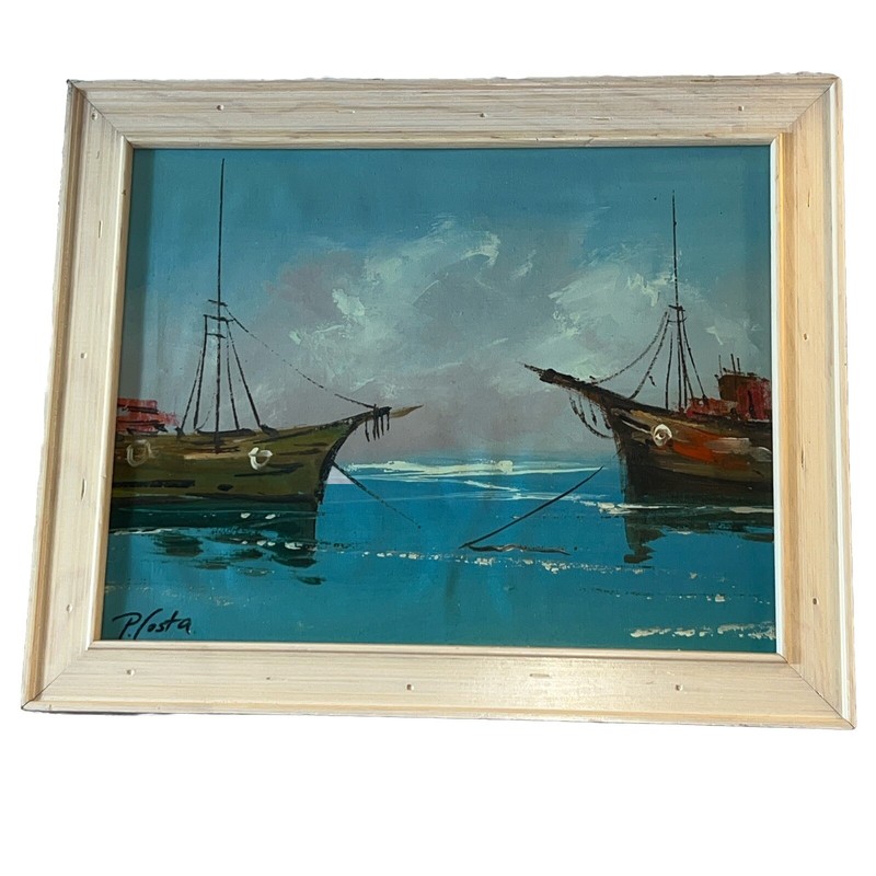 ORIGINAL OIL ON CANVAS PAINTING SHIPS IN HARBOR SIGNED BY LISTED ARTIST P. COSTA