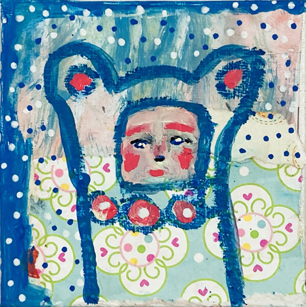 Blue Bear Animal Painting Collage Art Original Primitive Outsider Art