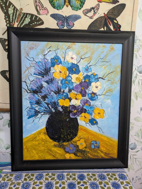 Vintage Original 24×28 Purple Yellow Impasto Floral Still Life Oil Painting