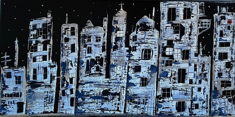 Original 8×16″ Canvas rundown building architecture painting by Lynne Kohler