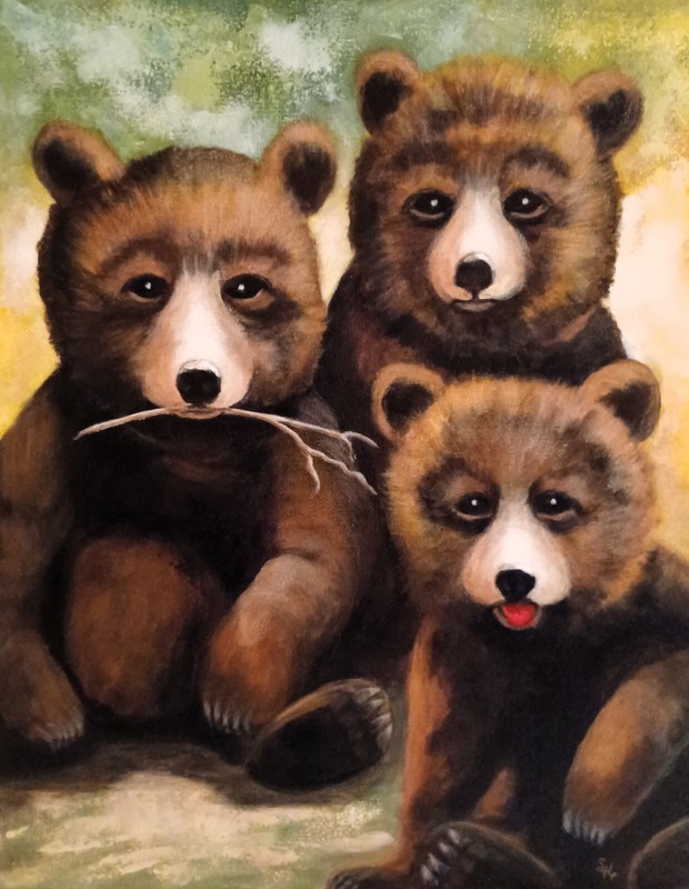 Three Bear Cubs, animals, acrylic art, painting 20 x 16 x 1-1/2