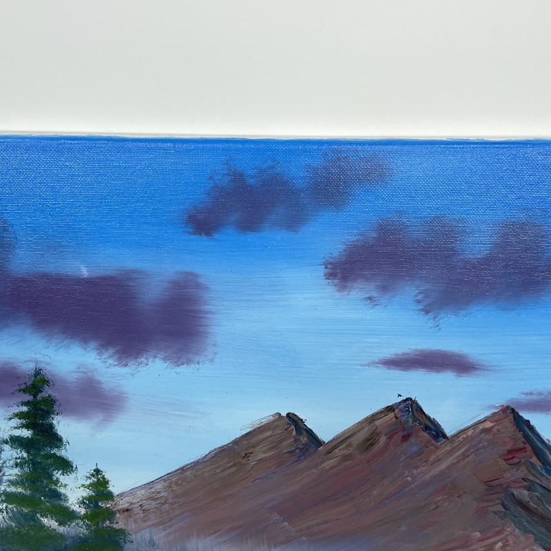 Oil on Canvas Painting Signed Student Art 16 x 20 Mountains Behind Wooded Lake gallery