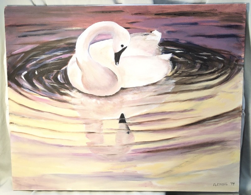 1999 Swan Reflection Painting D. Engel 18×20 Stretched Canvas