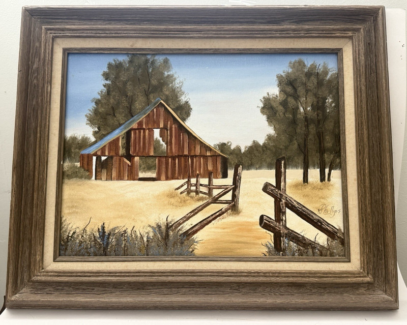 VTGBarn Oil Painting Signed KPhillips Original Framed CountryLandscape Art 16×20