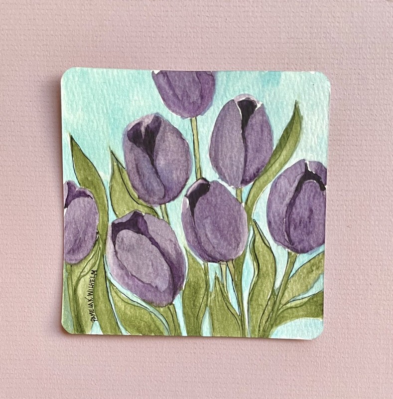 4”x4” Pamela Wilhelm Original On 6×6” Pink Mat Dusty Purple Tulips Watercolor