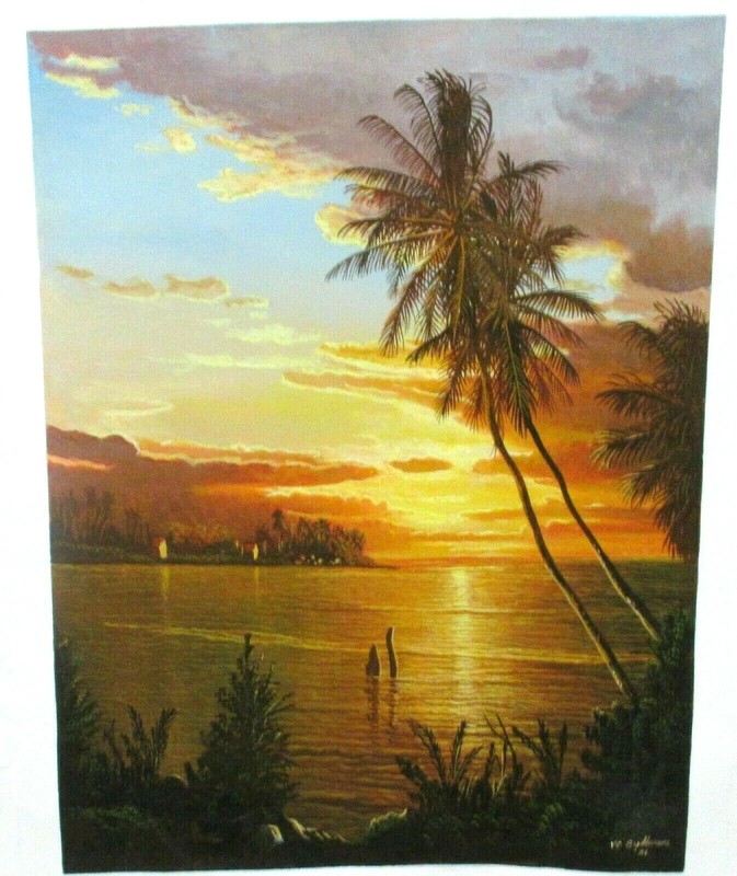 V.C.BUDHRAM ISLAND PALM TREES AT SUNSET SCENE ORIGINAL OIL ON CANVAS PAINTING