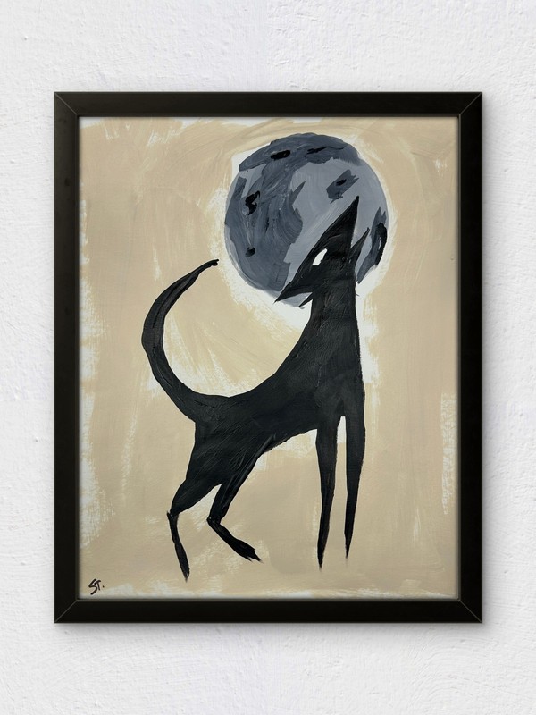 Wolf Howling Moon Neo-Expressionist Animal STerling Original Paper Art 11×14