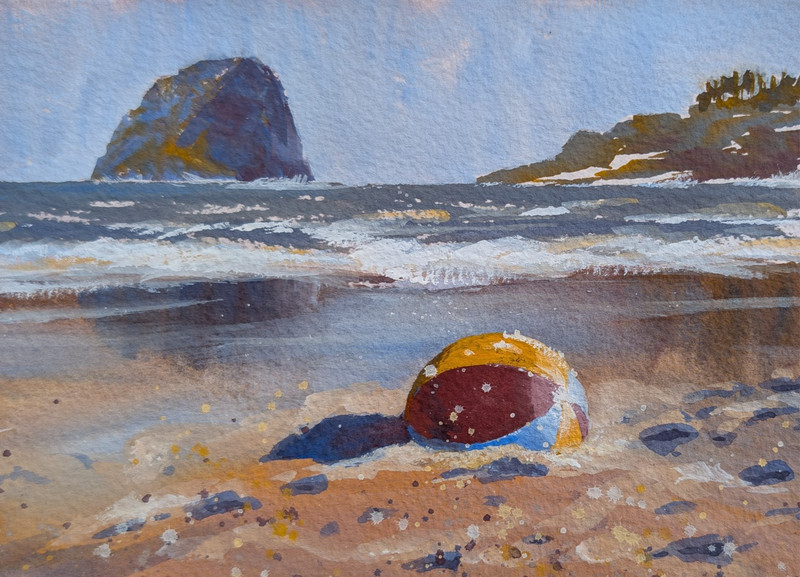ACEO Print, Beach Ball Shore Sea Rocks Ocean Seascape, 2.5″ x 3.5″