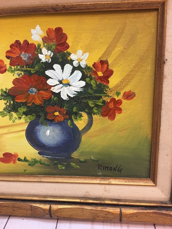 -Vintage Vase Of Flowers Oil Painting on Canvas By Rinong 13.75'' gallery
