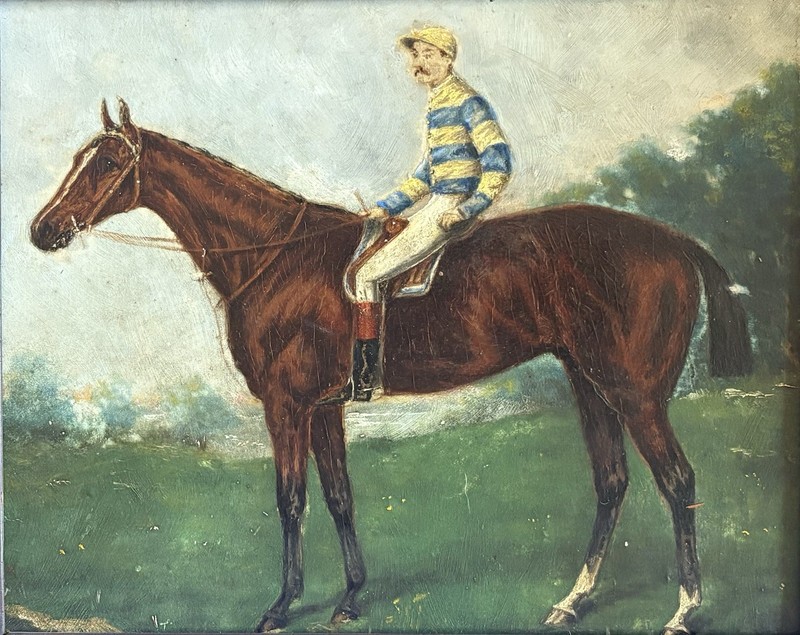 English School Oil on Board Horse & Jockey Portrait, Late 19th Century