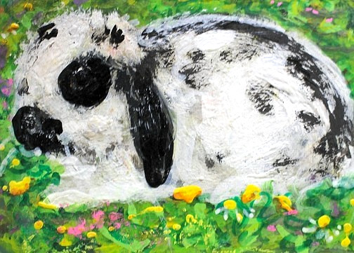 ORIGINAL ACEO Lop RABBIT Painting Spring Flower Spotted Bunny Animal Pet ATC ART