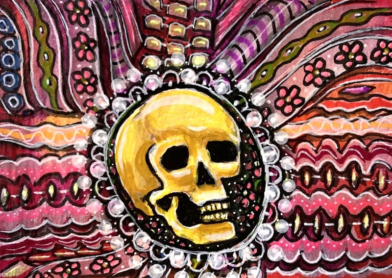 Skull Brooch Ribbons Beads Original Acrylic ACEO Painting Colorful amylenore