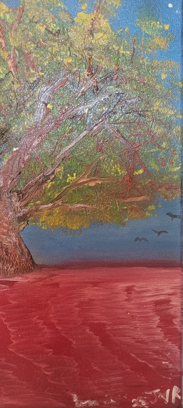 JVR Signed OOAK Original Tree Landscape Birds Canvas Painting 2023 Unframed gallery