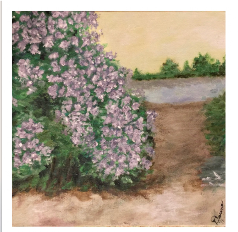 Original Lilac Tree Bush pond path forest Landscape Impressionist painting