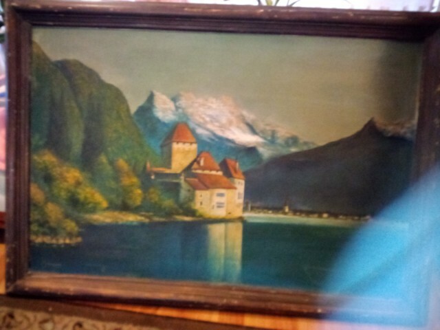 Chillon Castle antique oil painting signed colors painting is before 2 wars old