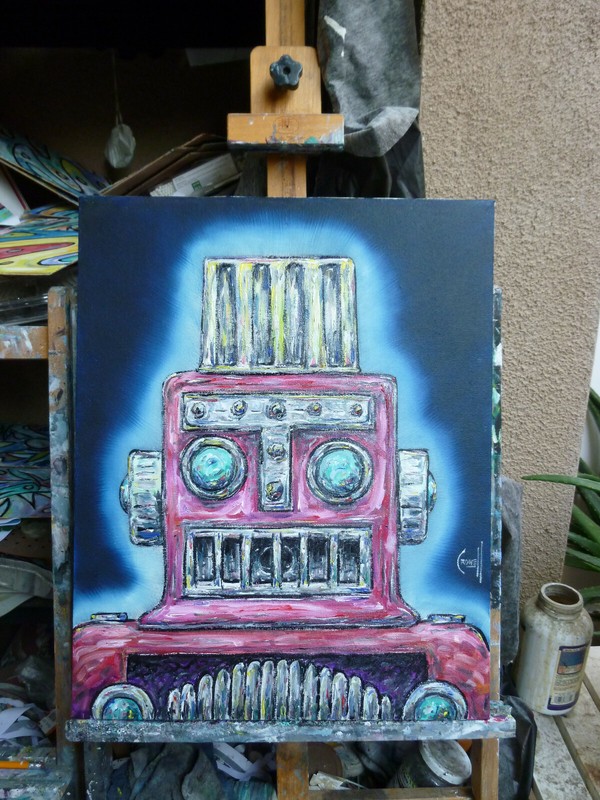 BIG RED ROB 16x20 canvas retro ROBOT mech oil painting original signed CROWELL gallery