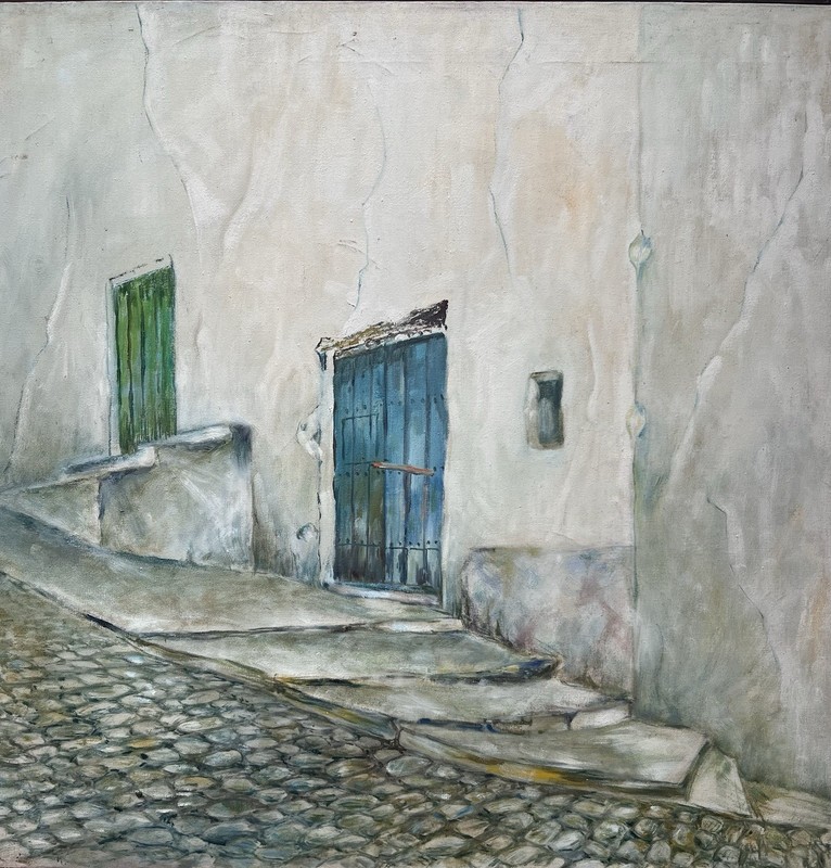 Mid Century 50s 60s Jack Paul Maroon Oil Painting Blue Door Street Spain Realism gallery