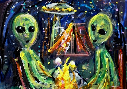 Original ACEO Painting ALIEN Camping Night Fire Earth Martian UFO Stars ATC ART