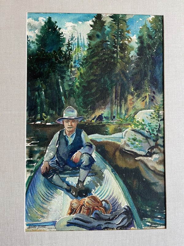 WALTER TITTLE «FISHERMAN IN CANOE» MAINE (1883-1966) Watercolor Painting MATTED