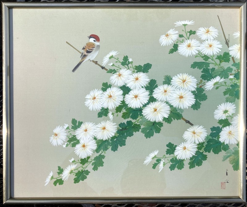 Asian Tempera Watercolor Bird Painting -Matted- Signed