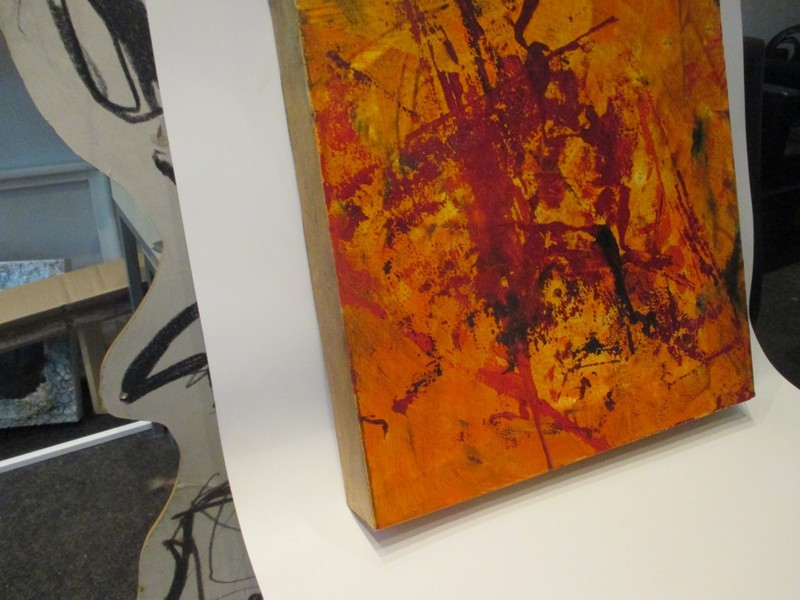 abstract green orange mixed media oil painting LW 40x40x6 cm color composition original gallery