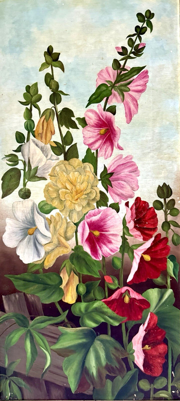 Vintage Original Flower Painting - Hollyhocks, Oil on Canvas, Unsigned, Framed gallery