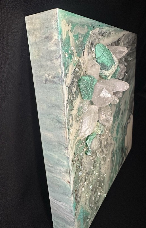 Quartz Crystals and Malachite Clusters Abstract Resin Painting Canvas 12x12 gallery