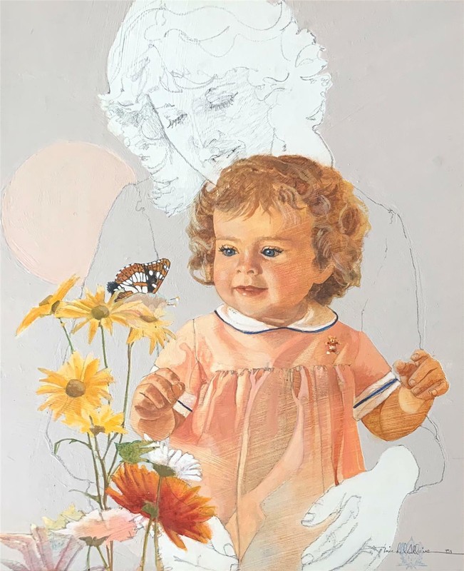 Illustration of Mother & Baby Daughter w/ Butterfly 1981 by Michel Allaire