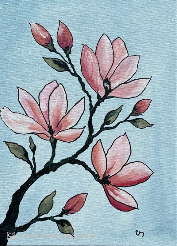 Blush Pink Magnolia Branch Original Acrylic Painting 11x14 Signed Canvas Art gallery