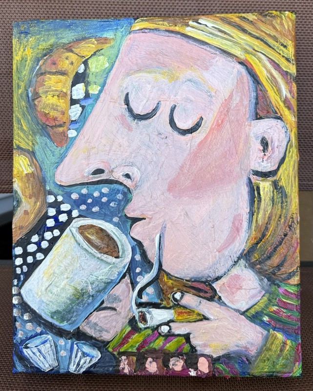 Cubist Coffee Drinker Smoking Original Acrylic By MBollen Cubist