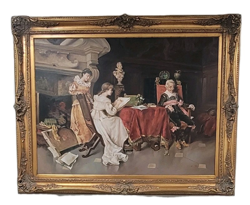 💐 Very Large Dark Moody 18th Century Interior Scene Giclee Painting On Canvas