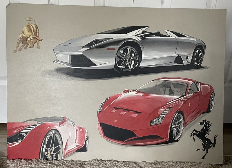 Original Painting Of Exotic European Sports Cars 24 x 34”
