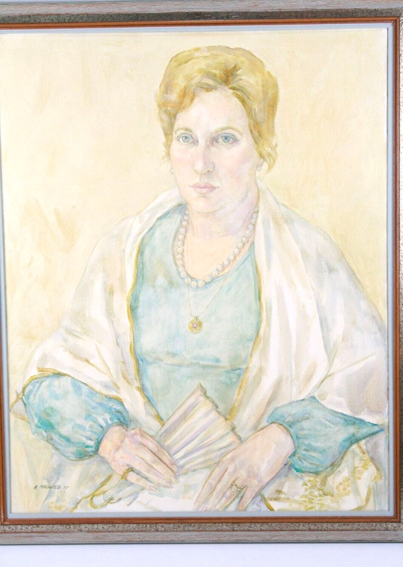 Vintage Female Portrait Woman With Fan Oil Painting Signed R. Madwed 77 gallery