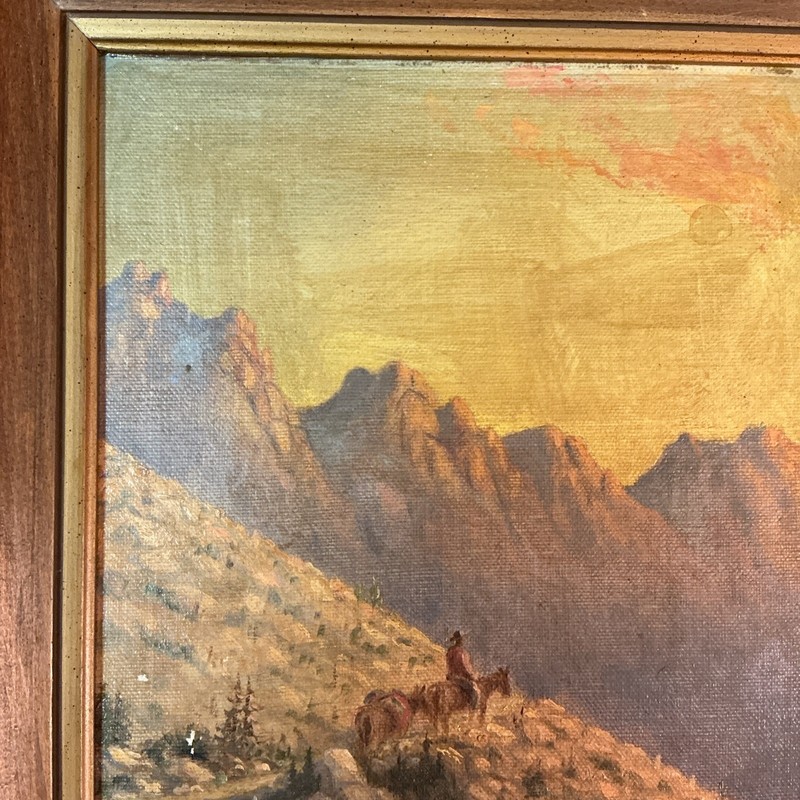 Antique Cowboy Western Mountain Scene Original Oil On Canvas Board Painting gallery