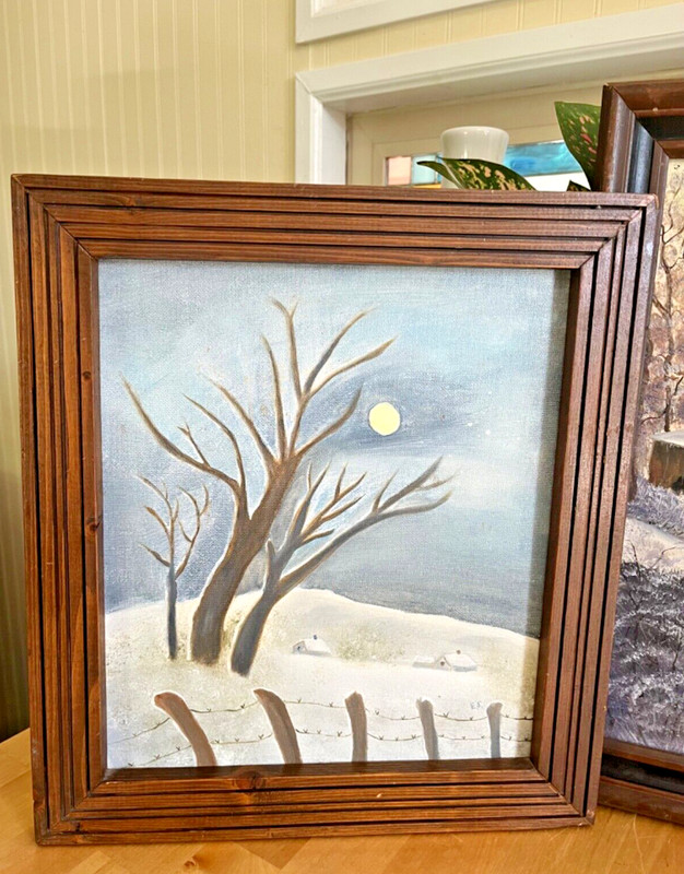 Winter Scene Tree Barn Creek Oil On Canvas Paintings Art Wood Frames - 2 gallery