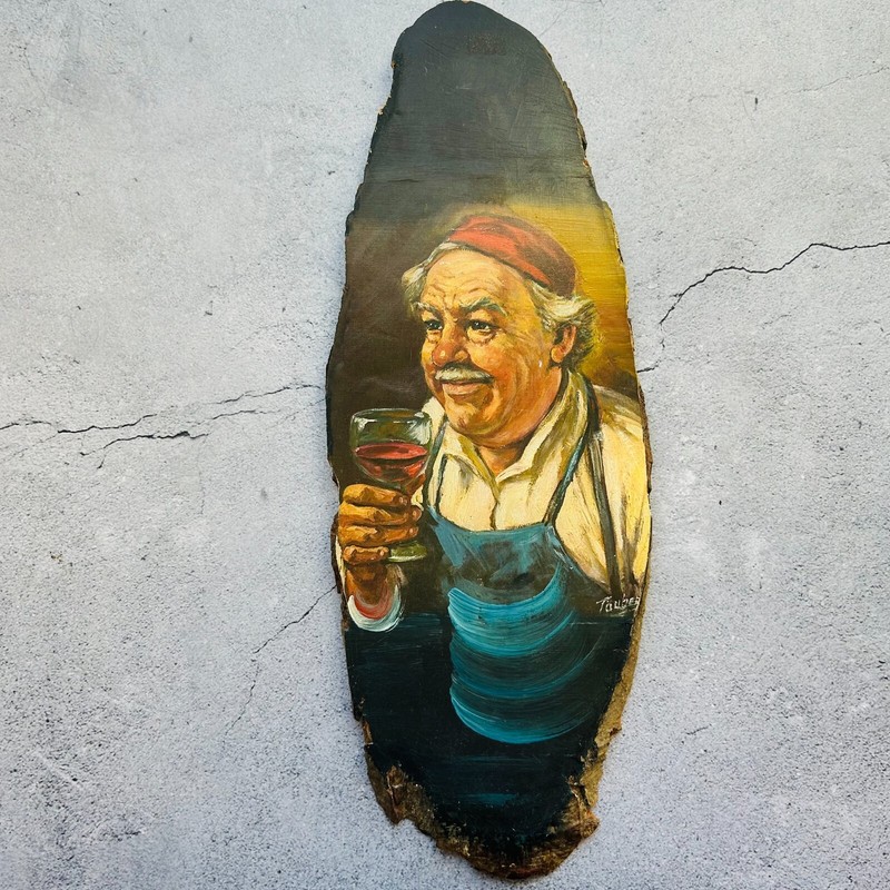 Winemaker Man with Wine Painting on Rustic Slab Board Bark Live Edge 18.5″