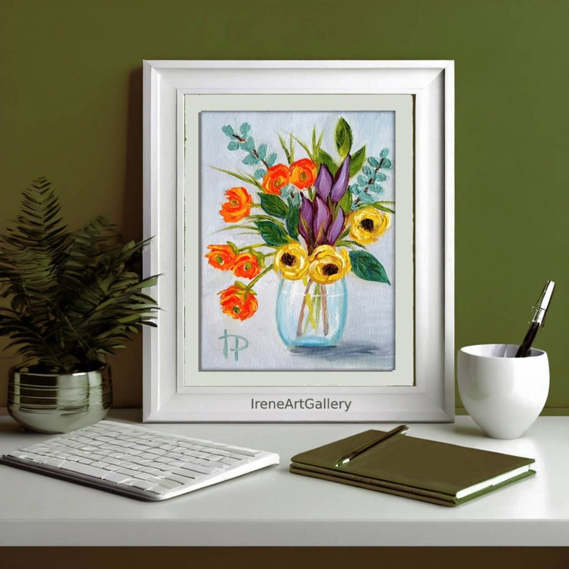 Spring Ranunculus Oil Painting Handmade Orange Buttercups Flowers Wall Art gallery