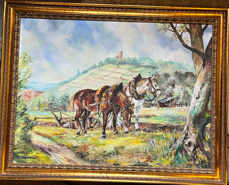 Oil painting landscape with horses plowing hilly landscape country style