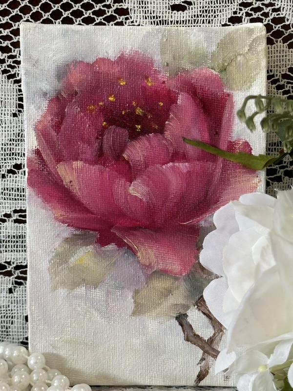 ￼ Dark Pink romantic single rose handpainted oil on 4 x 6 canvas￼ gallery