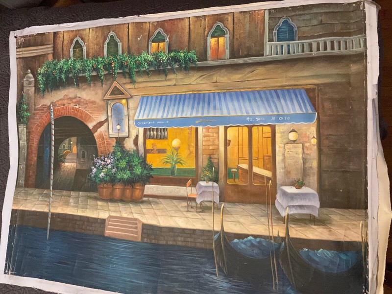 OIL CLOTH PAINTING CANVAS FABRIC CAFE SCENE PRINT 50 1/2″ X 38″ SEE PICS