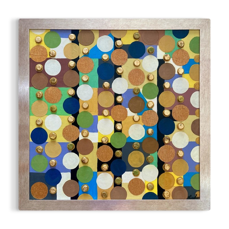 Colorful abstract circle painting oil acrylic ceramic mixed media framed art