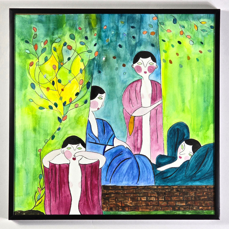 Original Watercolor Painting Women Bath House Onsen Yukata by JLO Japanese Asian