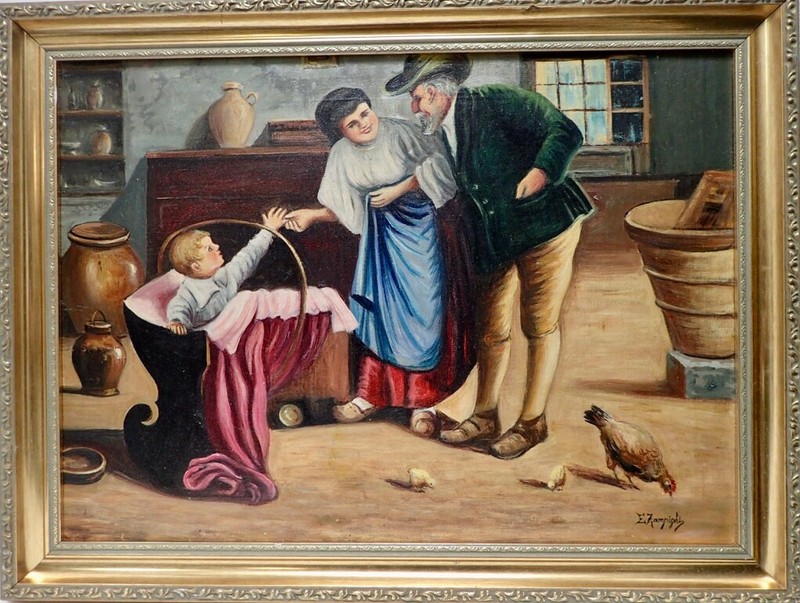 Eugenio Zampighi 1859-1944 Fine Art Oil Painting Genre Scene w/ Family 19×25