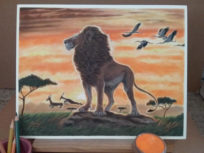 Sunset African Lion Pastel Artwork Original Painting