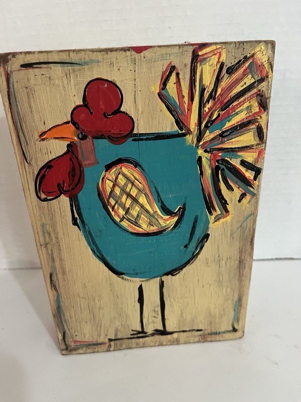 Acrylic Painted Rooster, Contemporary, On 8” x 5 1/2” Wood