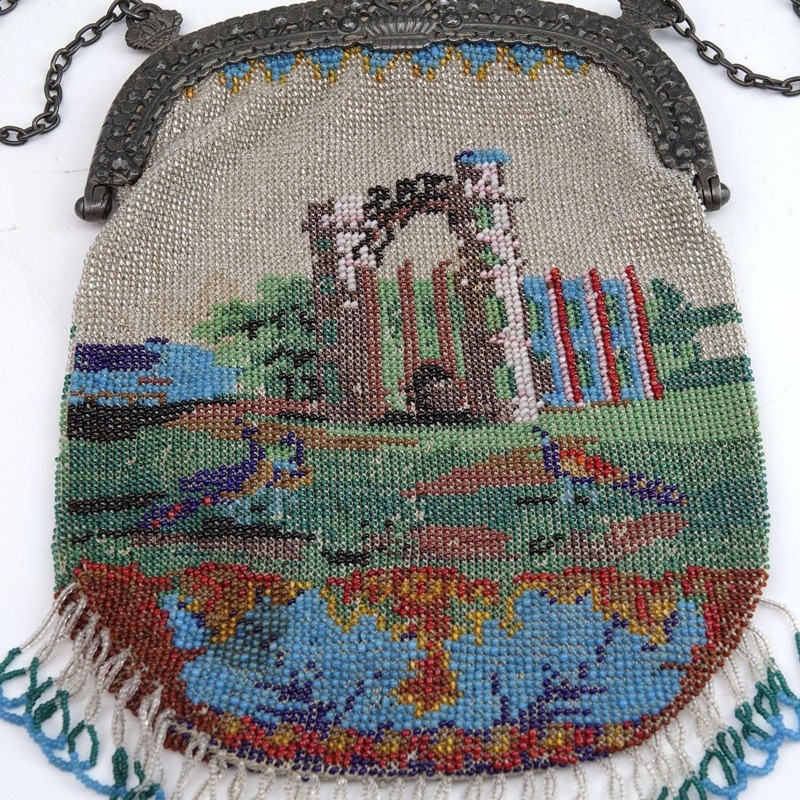 c1900 Beaded Handbag with intricate Architectural Landscape 800 sterling silver gallery