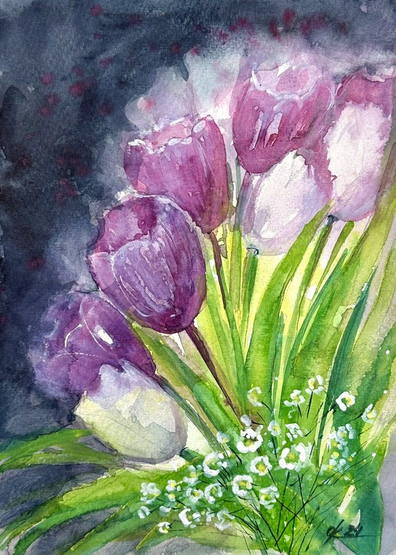 Original Watercolor still life tulips spring white purple flowers bouquet A4